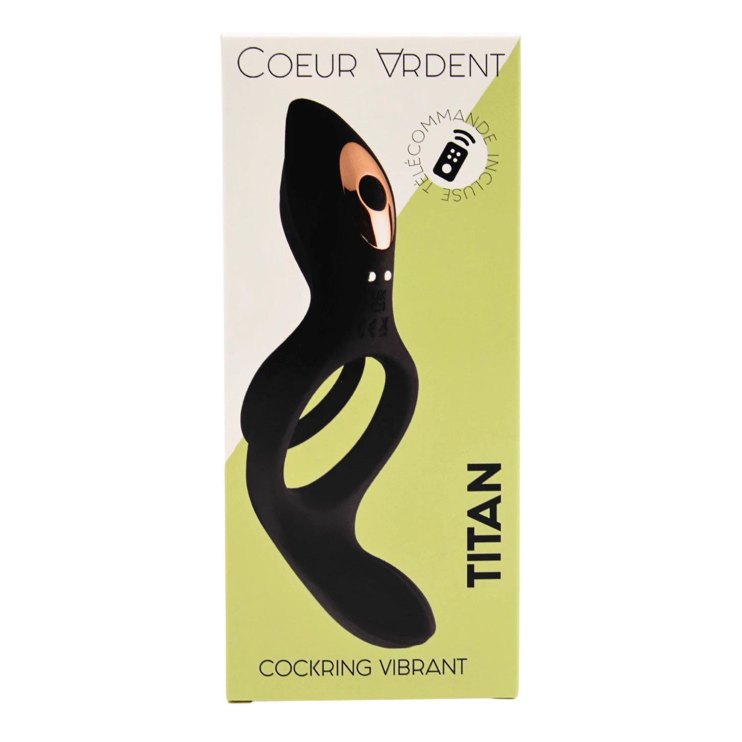Boite Titan cockring vibrant telecommande, packaging vert Coeur Ardent vue de face - Oh My God'Z