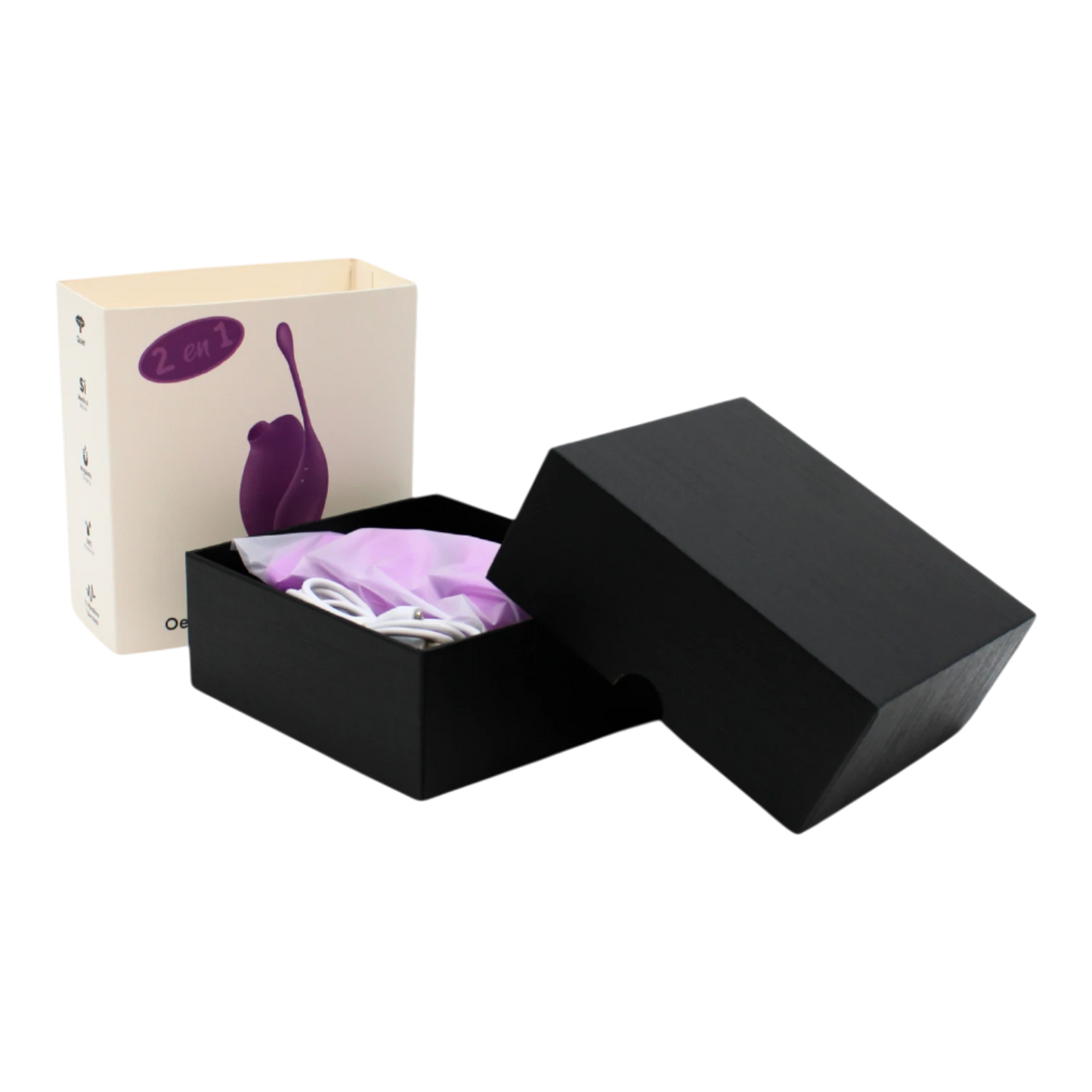 Packaging ouvert presentant le stimulateur violet et oeuf vibrant dans leur ecrin noir - Oh My God'Z