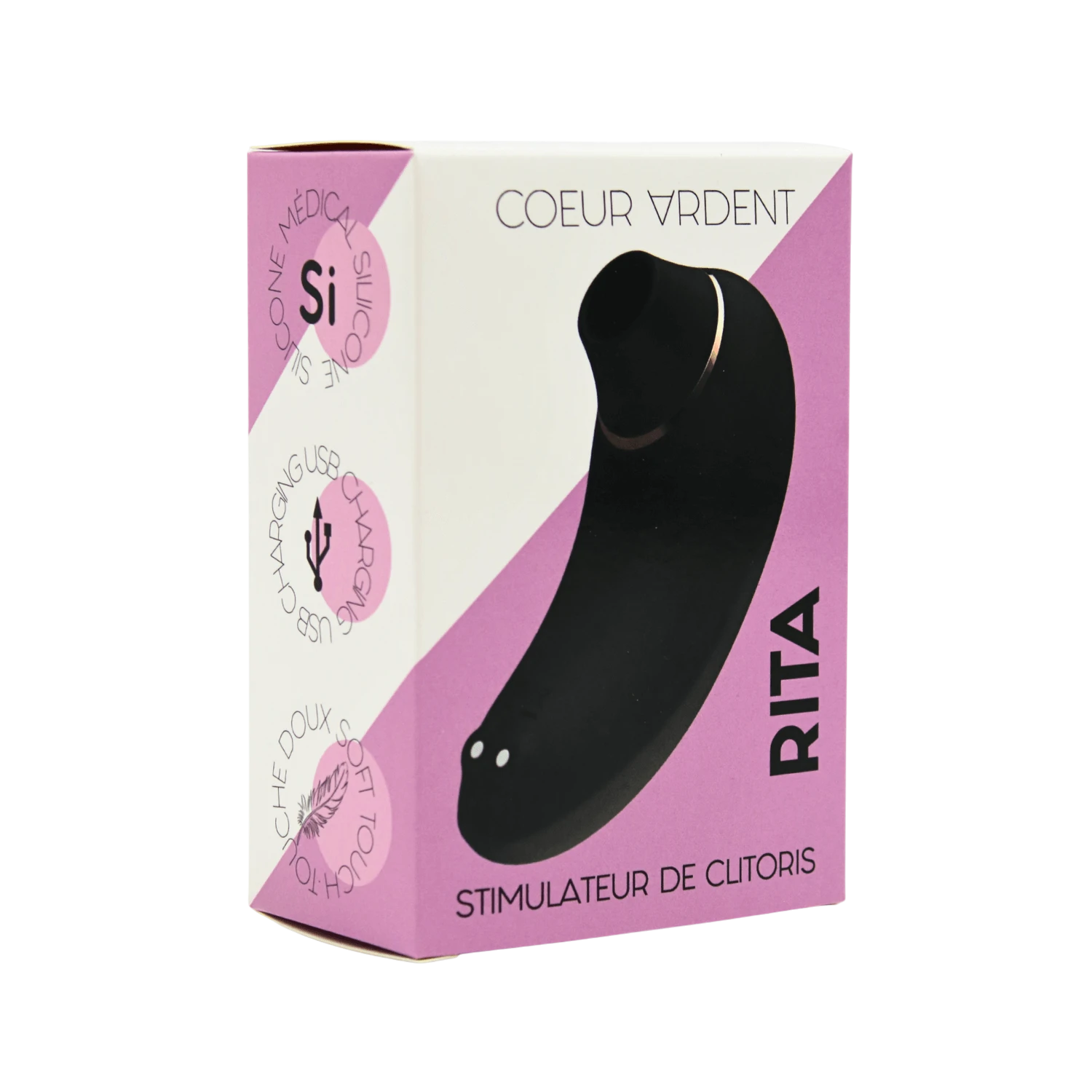 Packaging rose et blanc stimulateur Rita, vue latérale avec mentions silicone médical et USB - Oh My God'Z