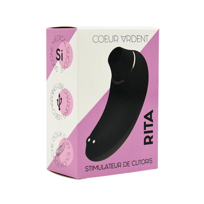 Packaging rose et blanc stimulateur Rita, vue latérale avec mentions silicone médical et USB - Oh My God'Z