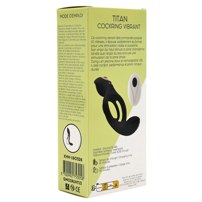 Packaging Titan cockring vibrant, informations techniques recharge USB et modes vibration - Oh My God'Z