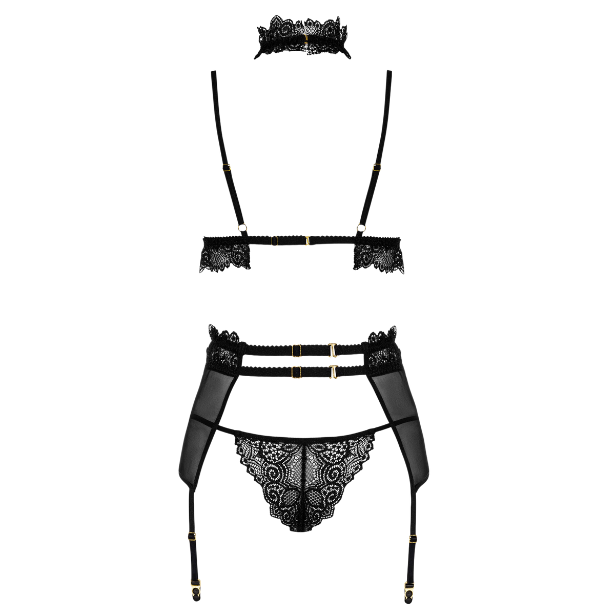 Packshot arriere de l'ensemble Velvet Sin noir : sangles elastiques, clips dores et string dentelle - Oh My God'Z