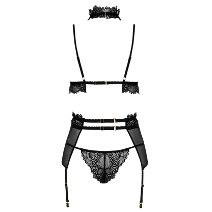 Packshot arriere de l'ensemble Velvet Sin noir : sangles elastiques, clips dores et string dentelle - Oh My God'Z