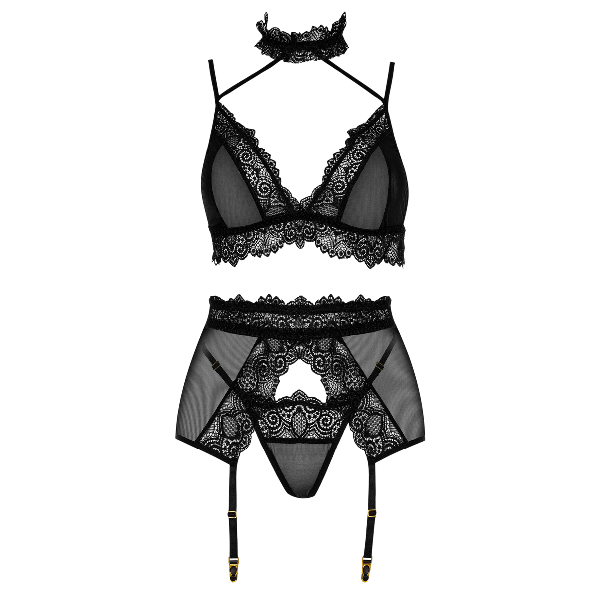 Packshot de l'ensemble Velvet Sin noir : choker, soutien-gorge dentelle, porte-jarretelles et string - Oh My God'Z