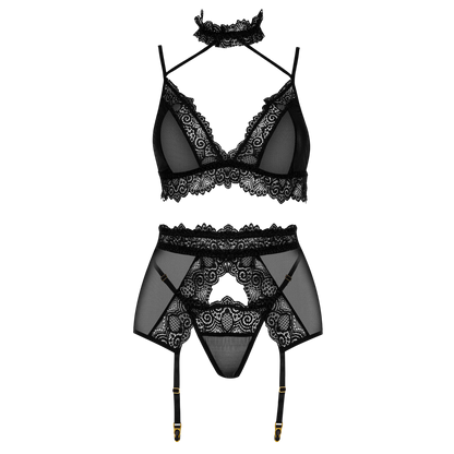 Packshot de l'ensemble Velvet Sin noir : choker, soutien-gorge dentelle, porte-jarretelles et string - Oh My God'Z