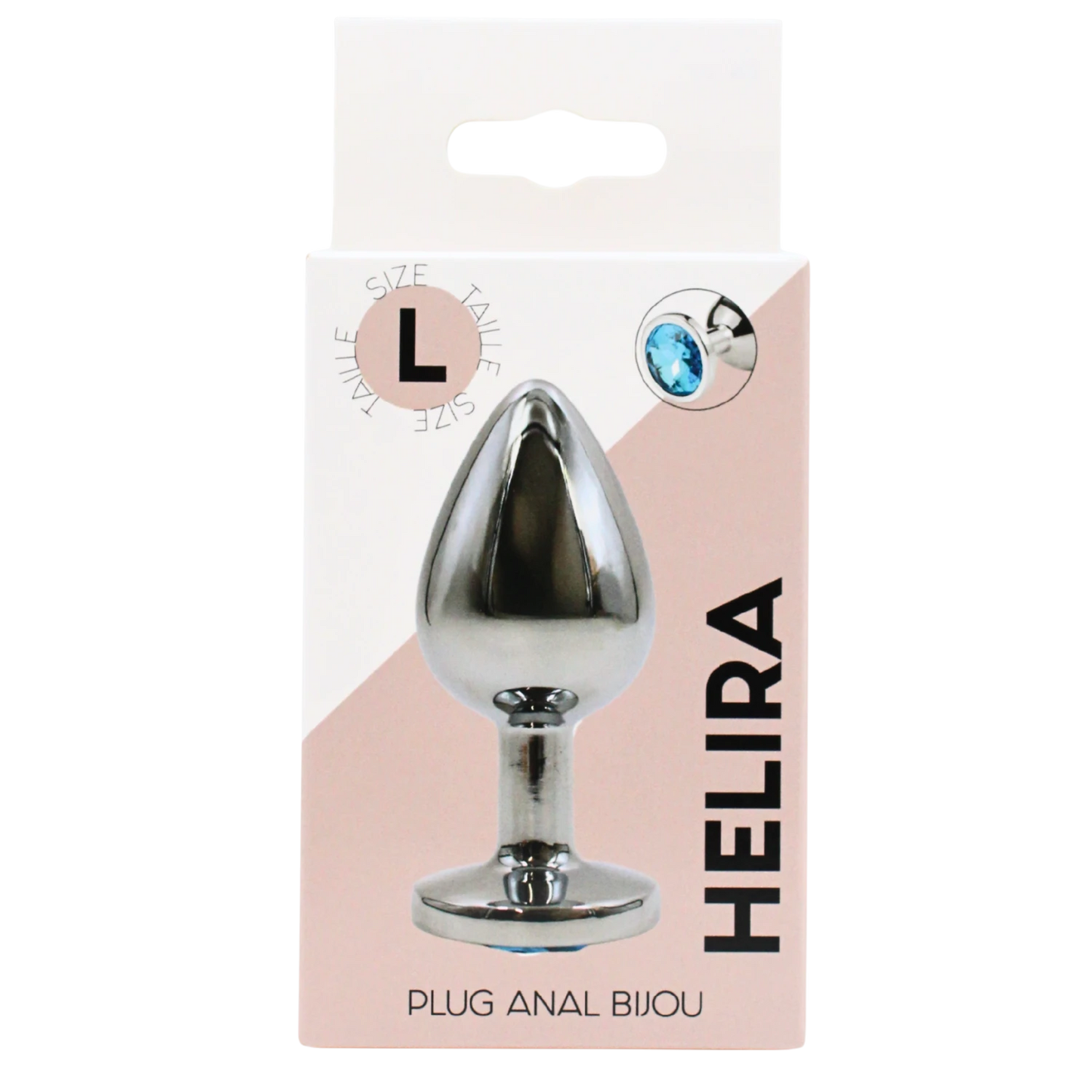 Packaging du plug bijou Helira taille L avec visuel produit et cristal bleu, boite rose et blanche - Oh My God'Z