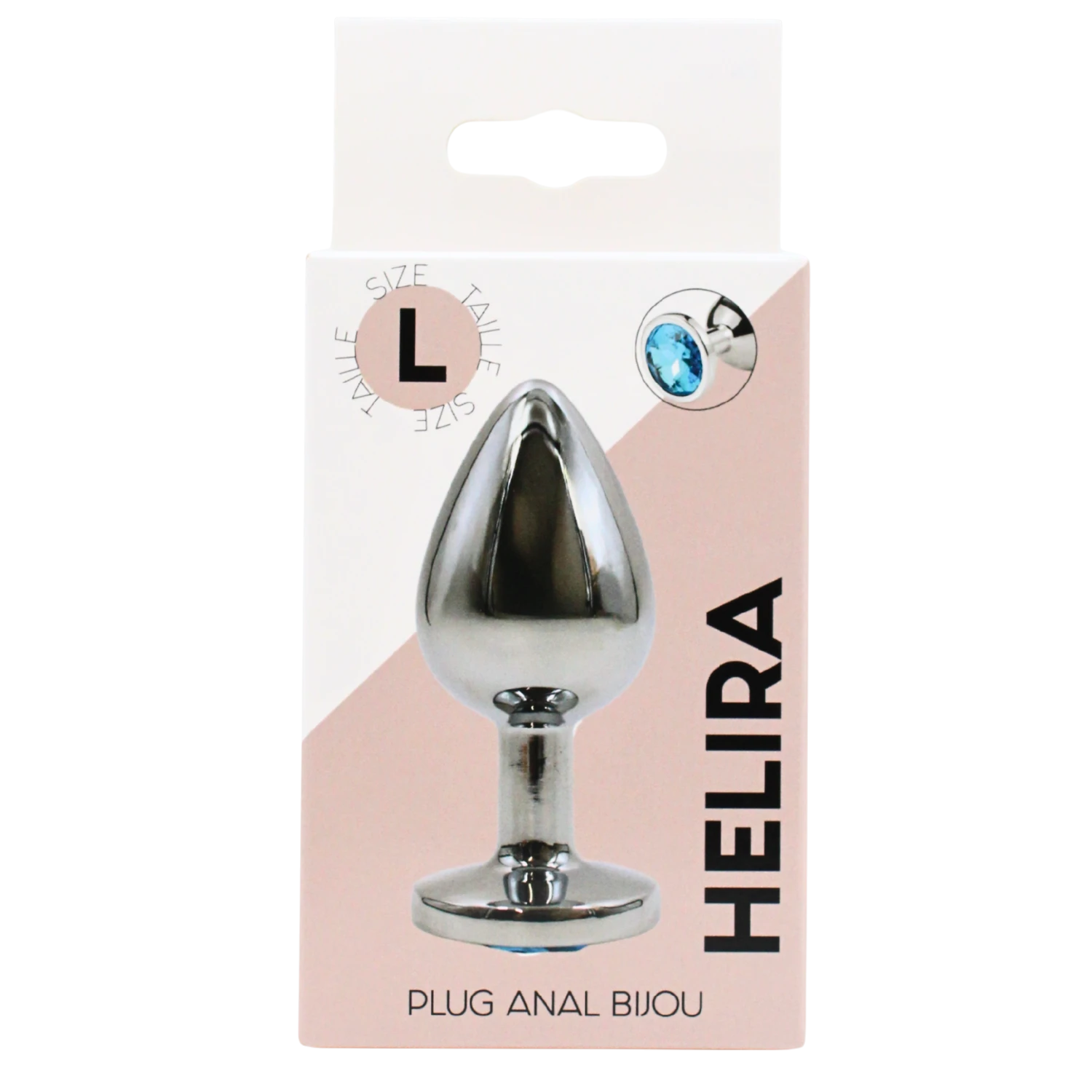 Packaging du plug bijou Helira taille L avec visuel produit et cristal bleu, boite rose et blanche - Oh My God'Z