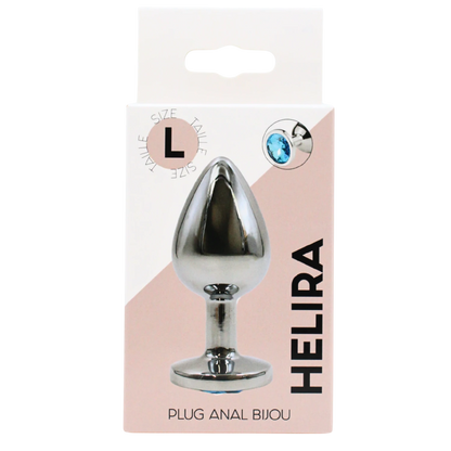 Packaging du plug bijou Helira taille L avec visuel produit et cristal bleu, boite rose et blanche - Oh My God'Z