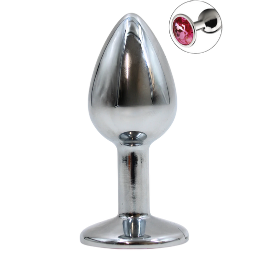 Plug anal bijou en aluminium argenté avec base évasée et cristal rose, taille S débutant - Oh My God'Z
