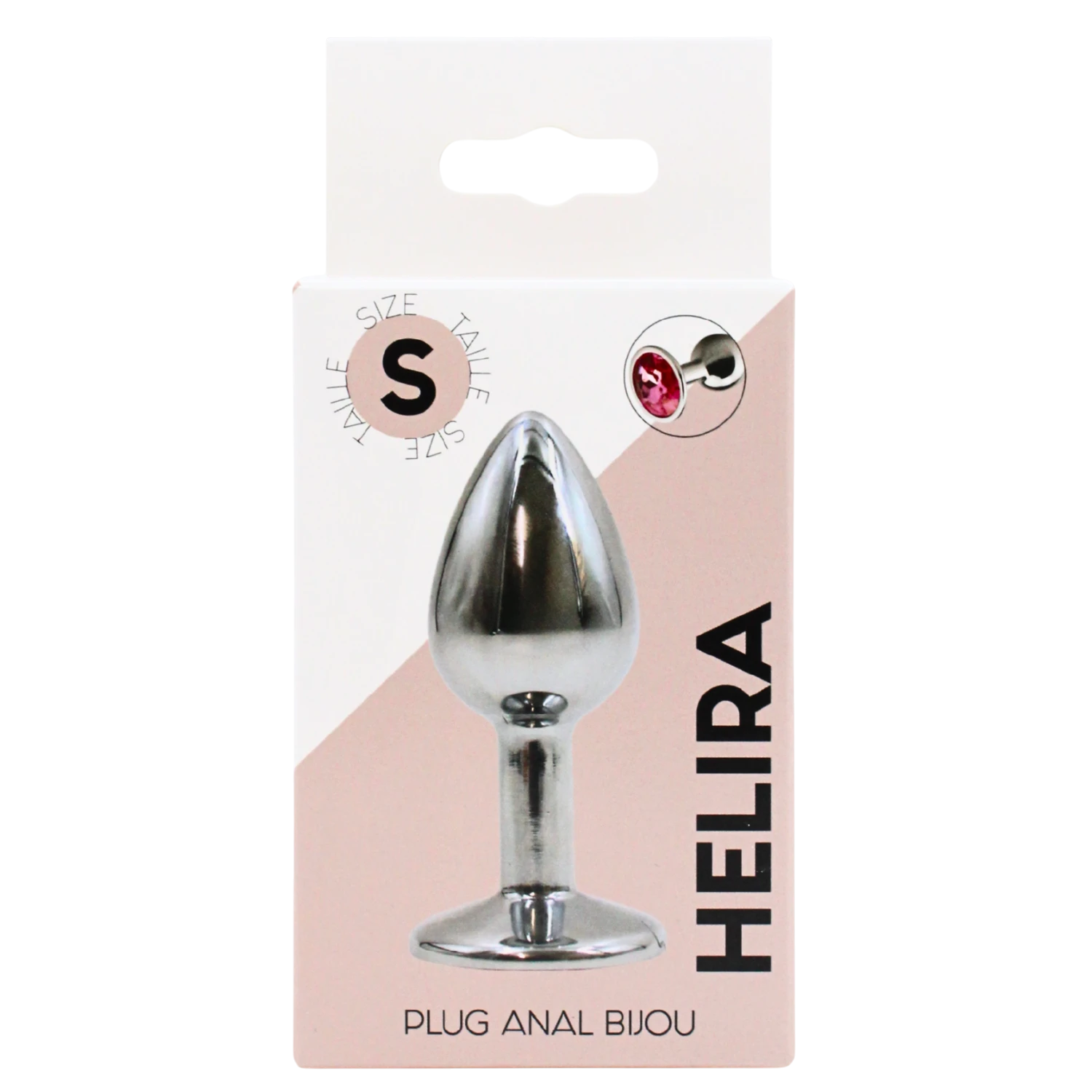 Emballage du plug anal bijou Helira taille S, boîte rose et blanche avec visuel du produit argenté - Oh My God'Z