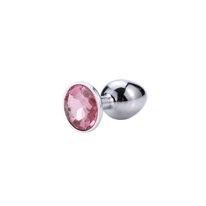 Plug anal bijou argenté avec cristal rose ovale serti, design élégant en aluminium poli brillant - Oh My God'Z
