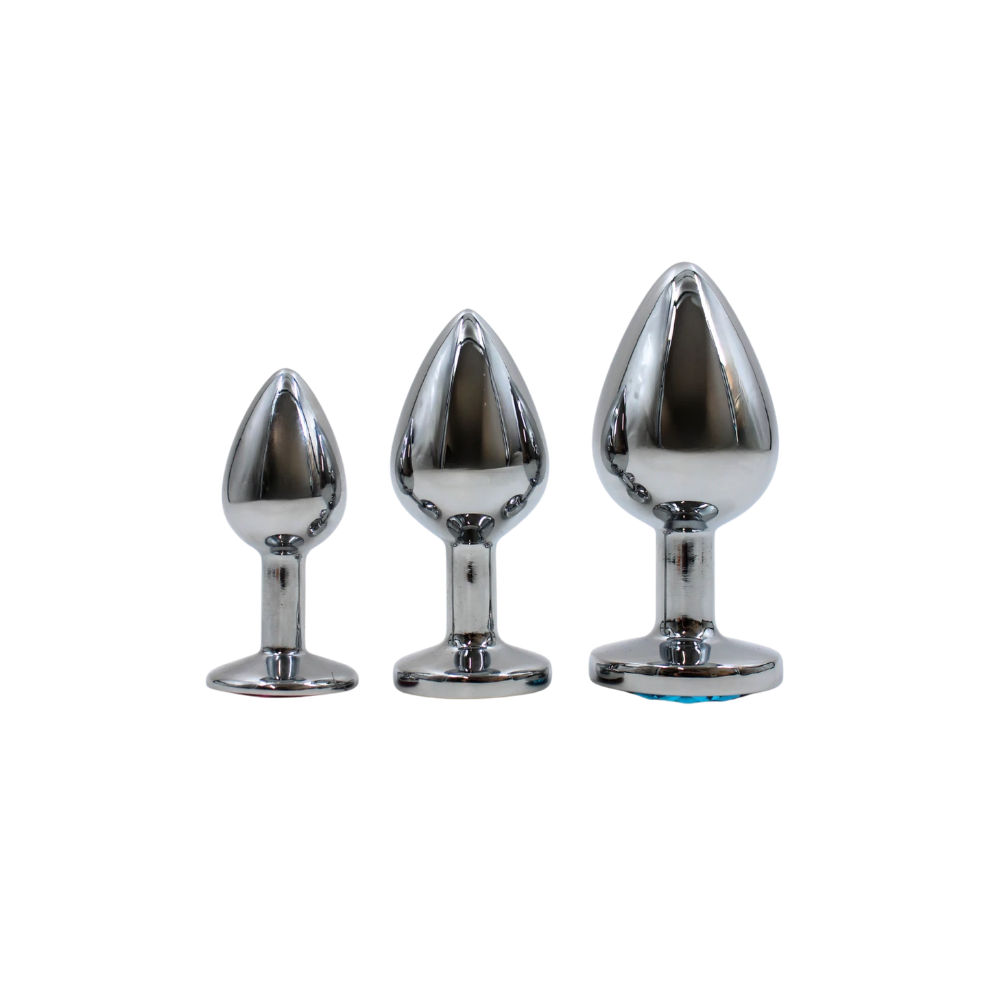 Trio de plugs anaux bijou en aluminium argenté tailles S M L, forme goutte avec base plate stable - Oh My God'Z