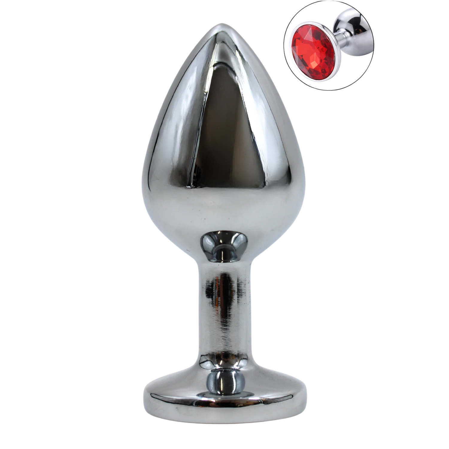Plug anal bijou en aluminium chrome taille M avec cristal rouge facette sur base evasee - Oh My God'Z