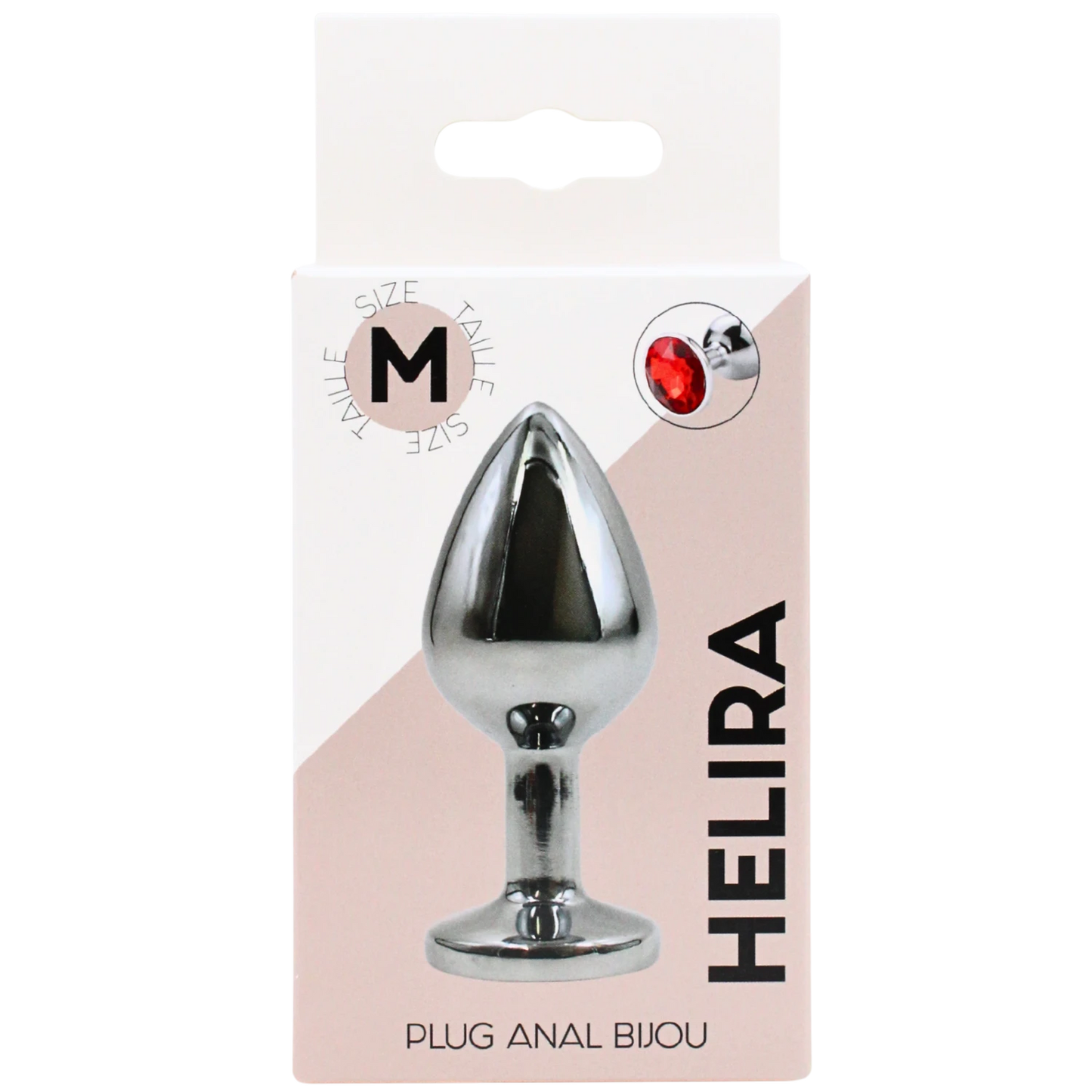 Packaging du plug bijou Helira taille M avec cristal rouge, boite blanche et rose avec visuel produit - Oh My God'Z
