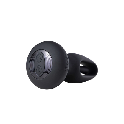 Plug anal Snuggy noir avec base évasée et boutons de contrôle intégrés vue arrière - Oh My God'Z