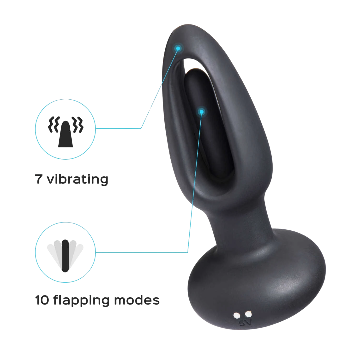 Infographie plug anal Snuggy: 7 modes de vibration et 10 modes flapping en silicone noir - Oh My God'Z