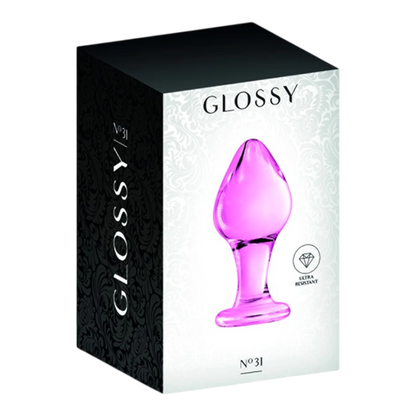 Boîte d'emballage Glossy n°31 montrant le plug anal en verre rose, design noir et blanc élégant - Oh My God'Z