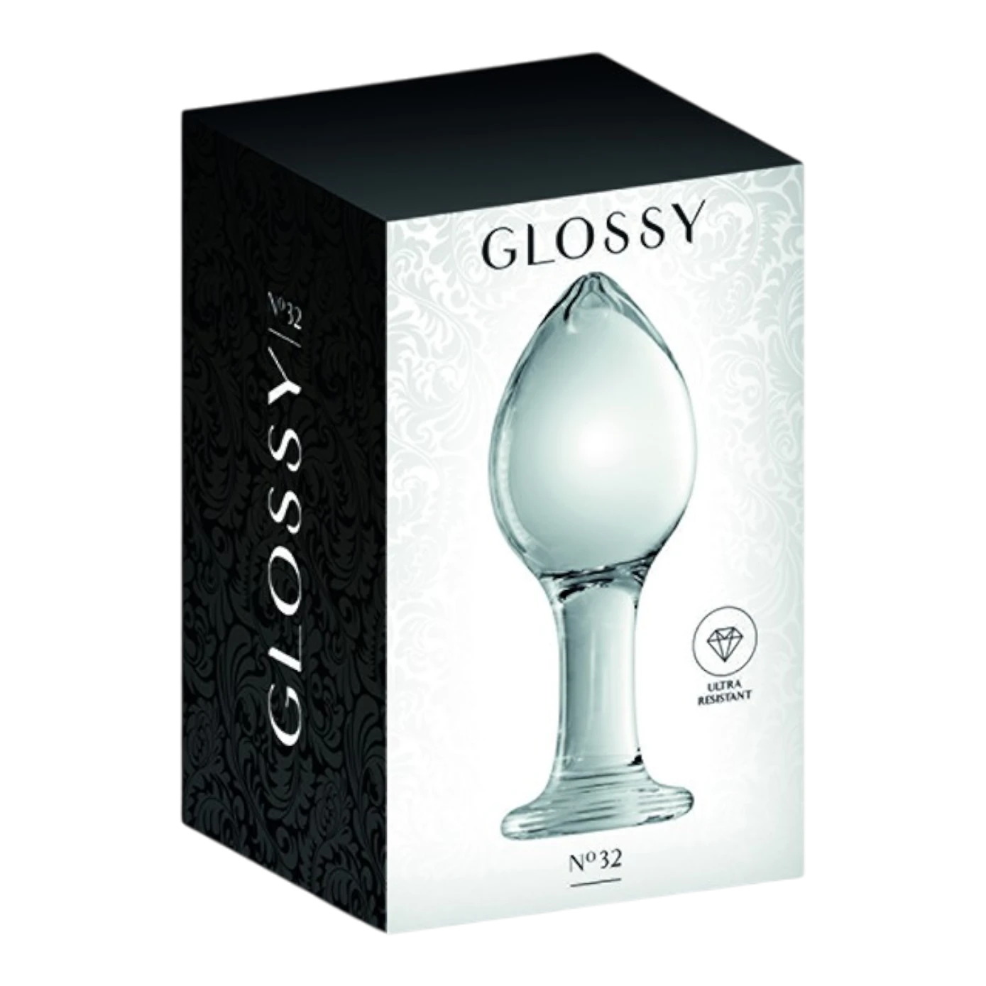 Packaging du plug anal Glossy n°32 en verre transparent avec boîte noire et blanche élégante - Oh My God'Z