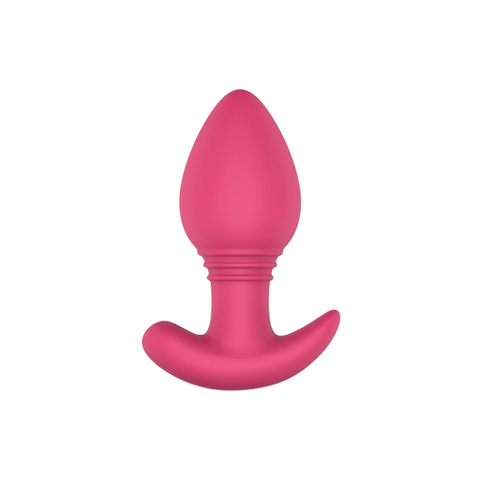 Plug anal vibrant Axel EasyConnect en silicone rose, vue de face avec base incurvee et col strie - Oh My God'Z