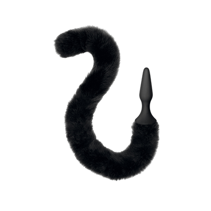 Plug anal noir en silicone prolonge d'une longue queue de chat articulee en fourrure synthetique noire - Oh My God'Z