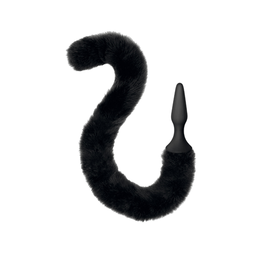 Plug anal noir en silicone prolonge d'une longue queue de chat articulee en fourrure synthetique noire - Oh My God'Z