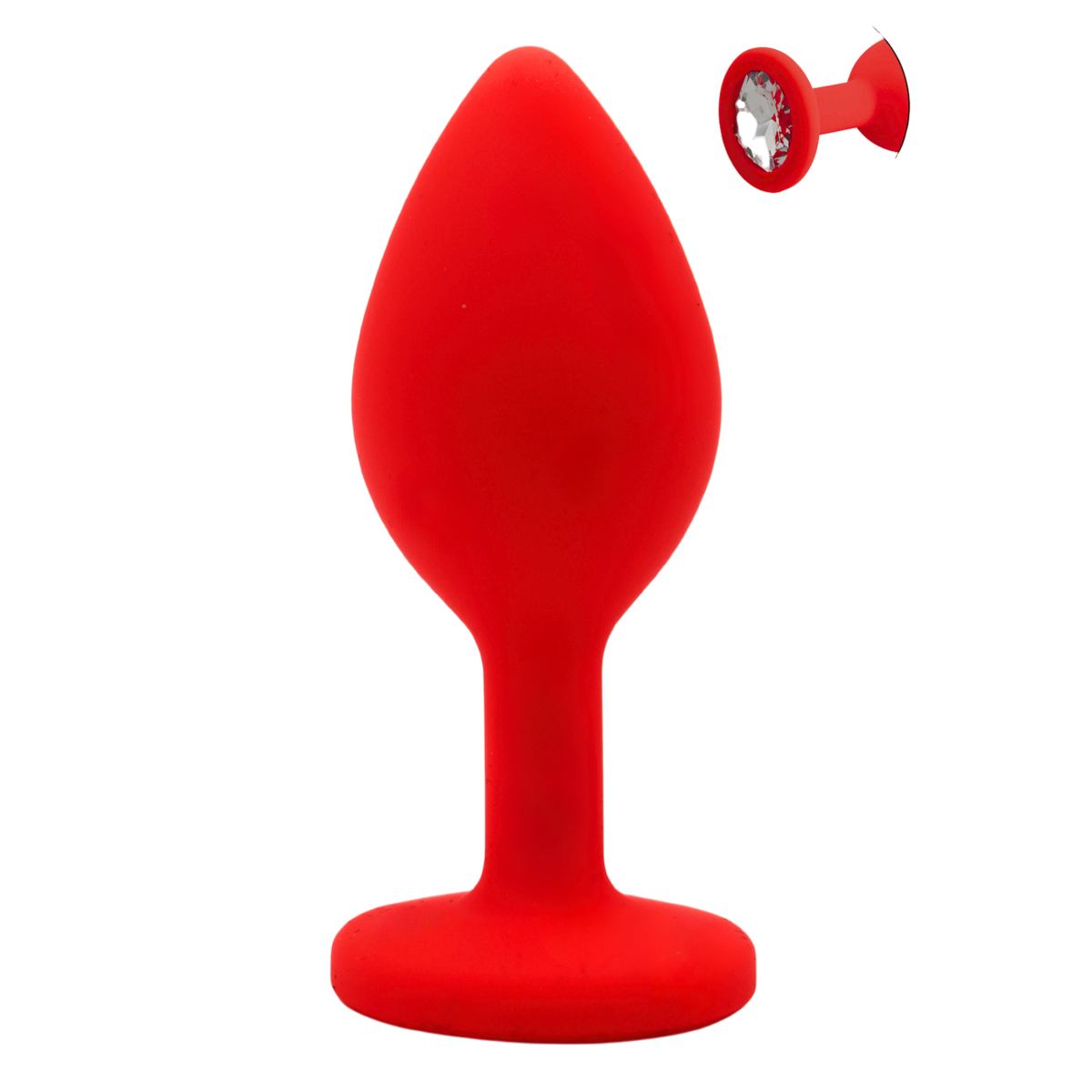 Plug anal bijou rouge en silicone medical avec cristal transparent, taille S, vue de face - Oh My God'Z
