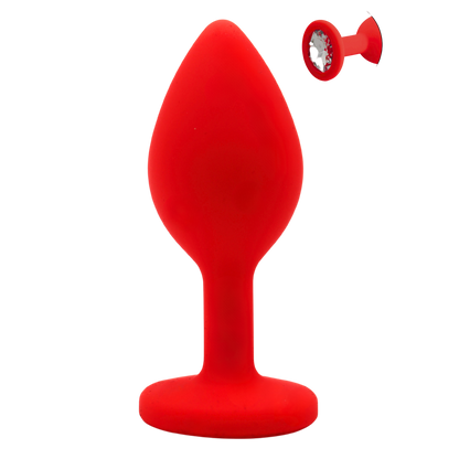 Plug anal bijou rouge en silicone medical avec cristal transparent, taille S, vue de face - Oh My God'Z