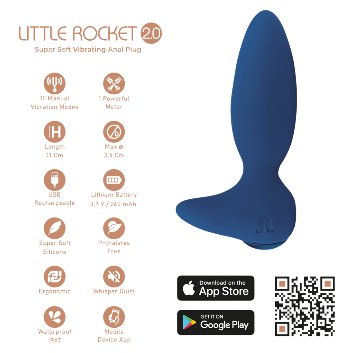 Fiche technique du plug anal vibrant Little Rocket II Adrien Lastic bleu silicone, 13 cm, 10 vibrations - Oh My God'Z