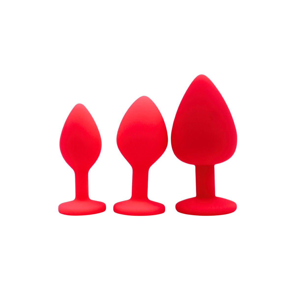 Trois plugs anaux bijoux roses en silicone PINKY Coeur Ardent, tailles S, M et L cote a cote - Oh My God'Z
