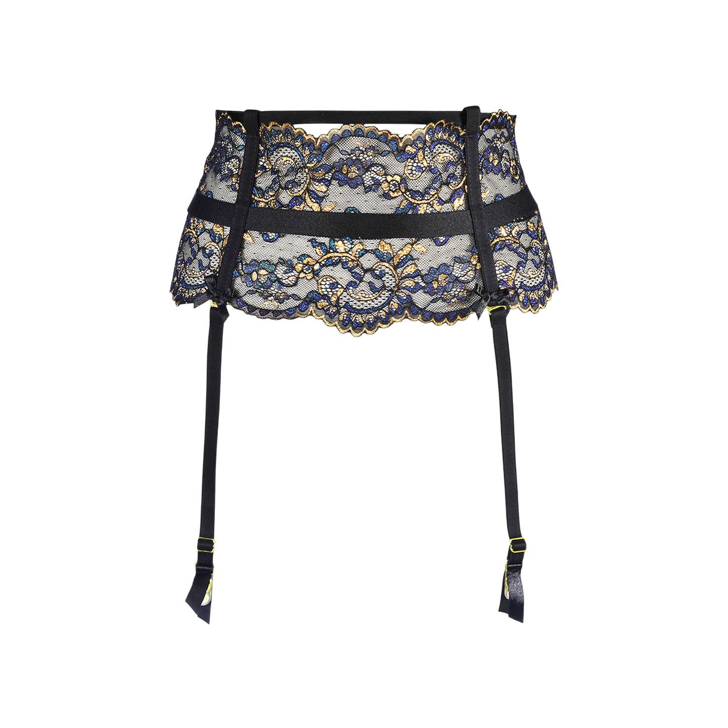 Vue frontale porte-jarretelles dentelle noire brodée bleu et or avec jarretelles détail - Oh My God'Z