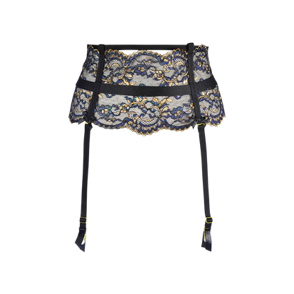 Vue frontale porte-jarretelles dentelle noire brodée bleu et or avec jarretelles détail - Oh My God'Z
