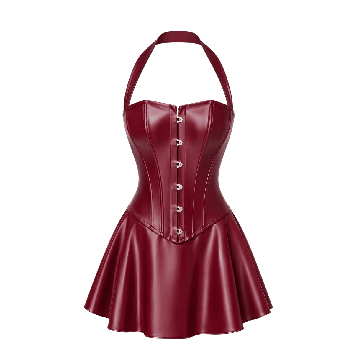 Robe corset bordeaux en wetlook presentee a plat, col halter, agrafes devant et jupe patineuse - Oh My God'Z