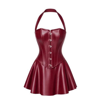 Robe corset bordeaux en wetlook presentee a plat, col halter, agrafes devant et jupe patineuse - Oh My God'Z