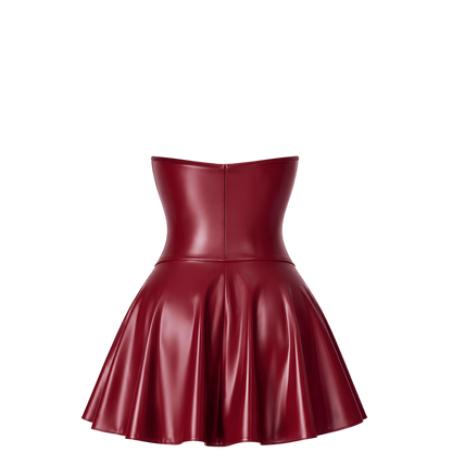 Dos de la robe corset mini bordeaux en wetlook, bustier ajuste et jupe courte tres evasee - Oh My God'Z