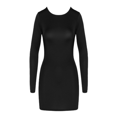 Mini robe noire Cottelli Party vue de face, présentant les manches longues et l'encolure classique sobre