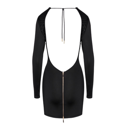 Détail du dos nu de la robe Cottelli Party avec fermeture éclair dorée double sens et cordon de maintien réglable