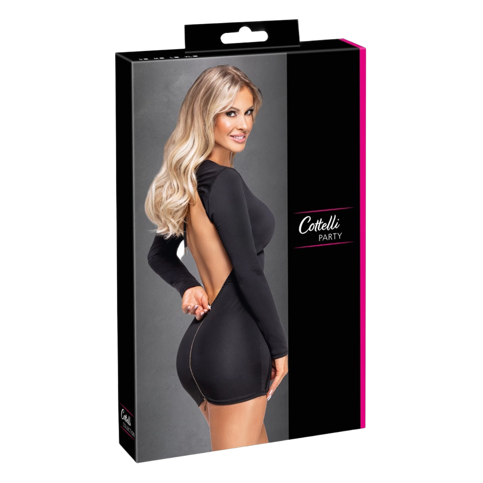 Packaging noir et rose de la mini robe dos nu Cottelli Party avec visuel produit sur fond gris