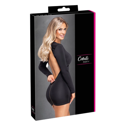 Packaging noir et rose de la mini robe dos nu Cottelli Party avec visuel produit sur fond gris