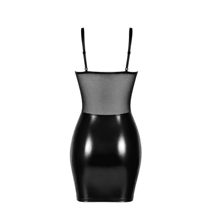 Robe mini noire wetlook avec buste en tulle transparent et bretelles reglables, vue produit de dos - Oh My God'Z