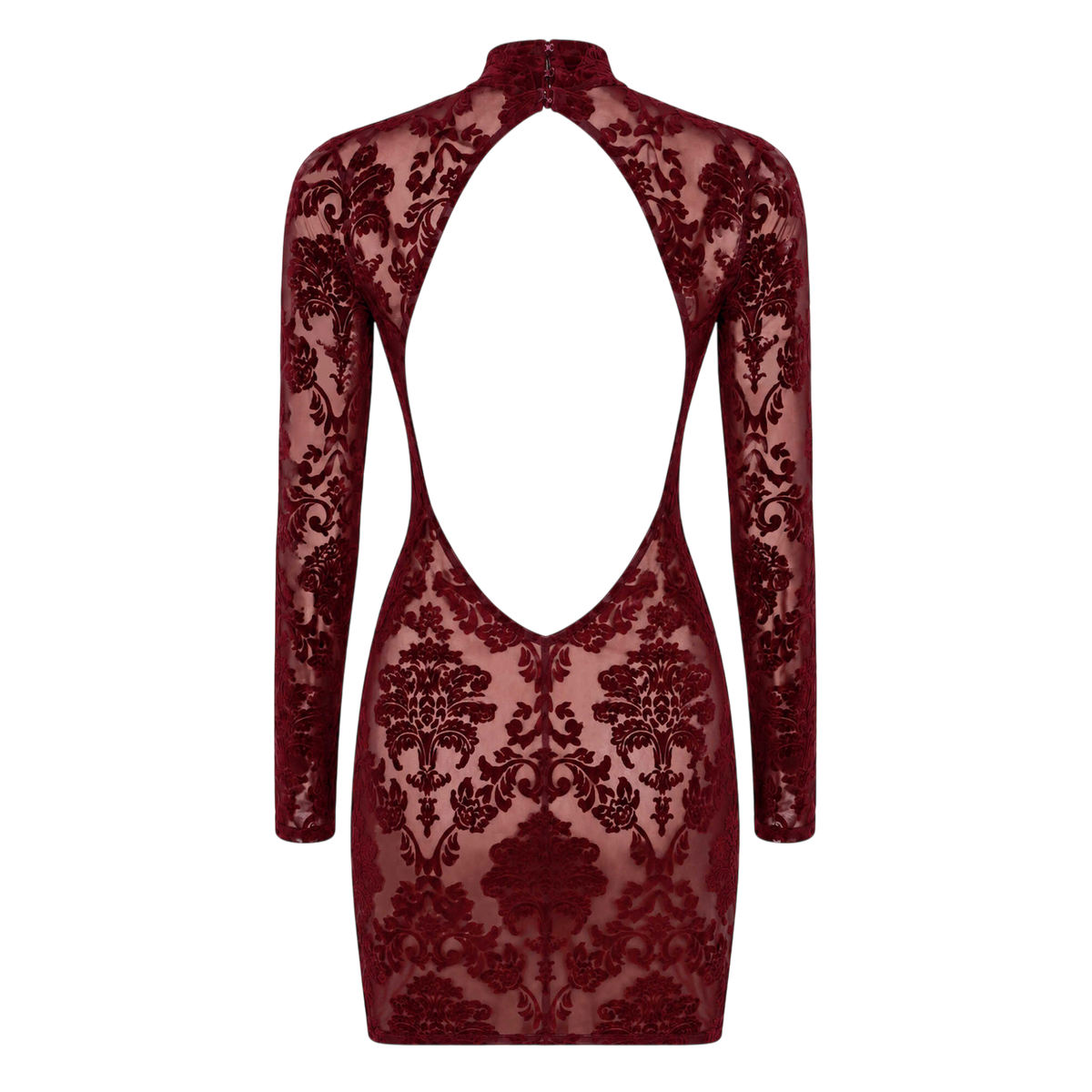 Dos de la robe bordeaux en tulle floque a plat, large decoupe dos nu et fermeture crochet au col - Oh My God'Z