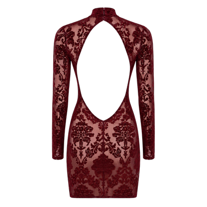 Dos de la robe bordeaux en tulle floque a plat, large decoupe dos nu et fermeture crochet au col - Oh My God'Z