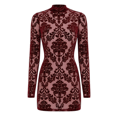 Robe courte bordeaux en tulle floque a motifs damasses presentee a plat, col montant et manches longues - Oh My God'Z