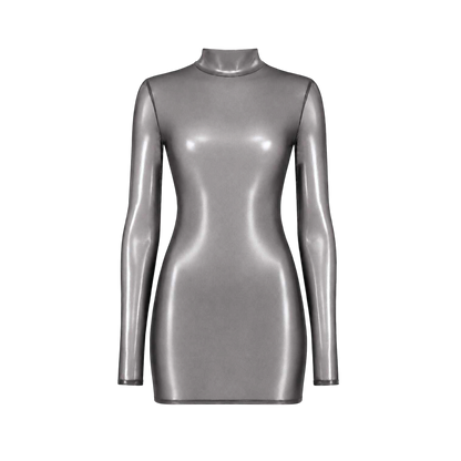 Robe courte argentee effet latex presentee seule, col montant et manches longues, coupe ajustee mini - Oh My God'Z