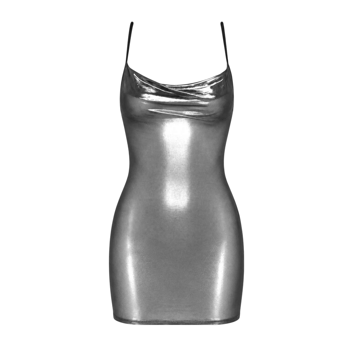 Robe courte Moondust seule de face, tulle metallise argente effet latex et fines bretelles reglables - Oh My God'Z