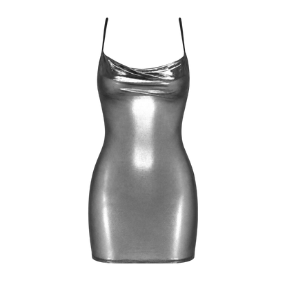 Robe courte Moondust seule de face, tulle metallise argente effet latex et fines bretelles reglables - Oh My God'Z