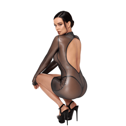 Mannequin accroupie en robe transparente argentee effet latex, large ouverture dans le dos, mules noires - Oh My God'Z