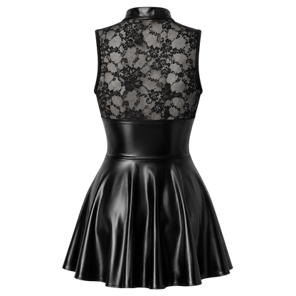 Dos de la robe noire a plat, empiecement dentelle florale transparente et jupe evasee wetlook - Oh My God'Z