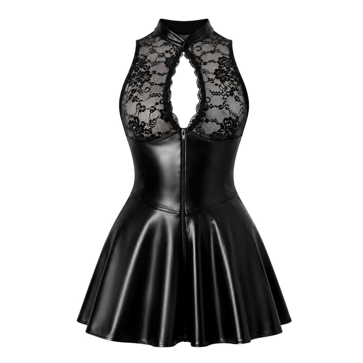 Robe courte noire presentee a plat, decollete goutte en dentelle festonnee et zip double curseur - Oh My God'Z