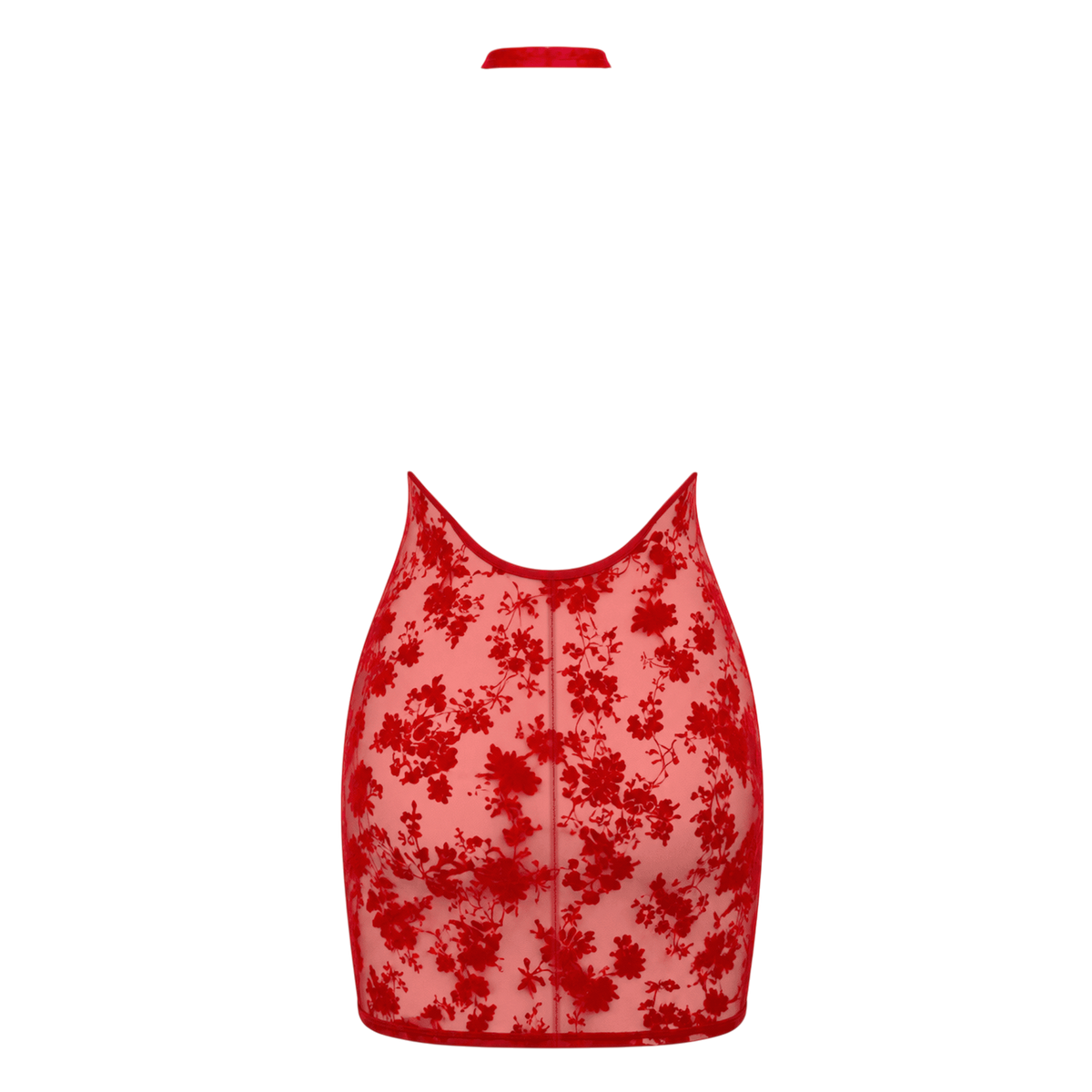 Robe courte rouge en tulle floque fleuri, dos entierement nu avec collerette tour de cou, vue produit dos - Oh My God'Z