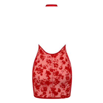 Robe courte rouge en tulle floque fleuri, dos entierement nu avec collerette tour de cou, vue produit dos - Oh My God'Z